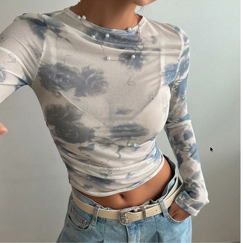 Boho Floral Print Semi Sheer Long Sleeve Top New